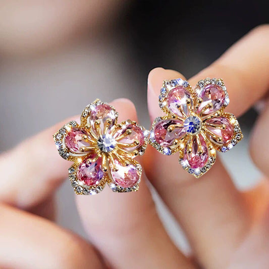 Pink Petal Zircon Stud Earrings Personalized Flowers