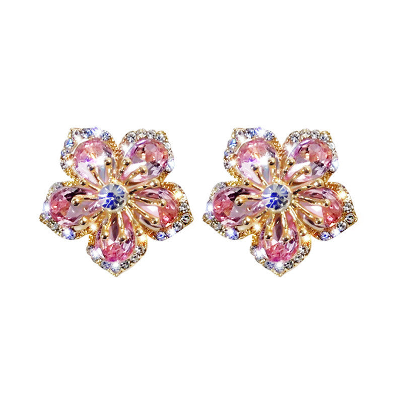 Pink Petal Zircon Stud Earrings Personalized Flowers