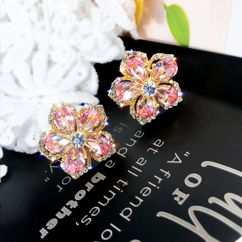 Pink Petal Zircon Stud Earrings Personalized Flowers