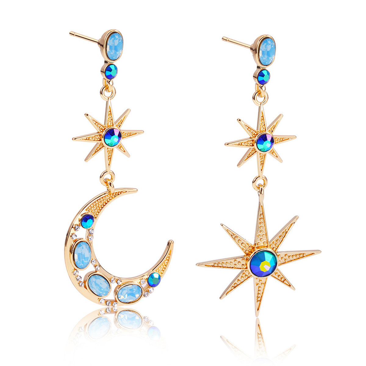 Celestial Moon & Star Drop Earrings Gold Moon Star with crystal and blue tonal colored stone Earrings for Women