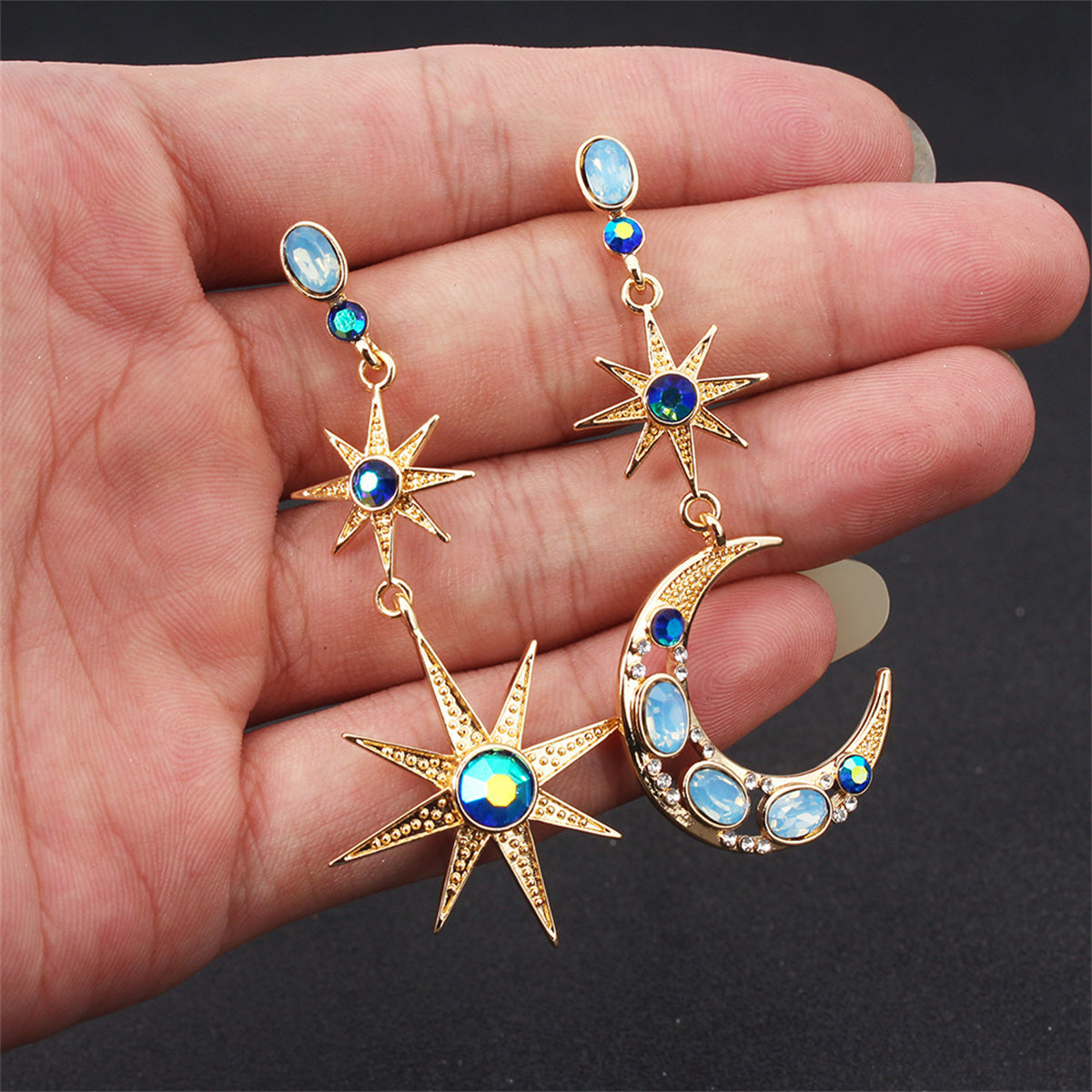 Celestial Moon & Star Drop Earrings Gold Moon Star with crystal and blue tonal colored stone Earrings for Women