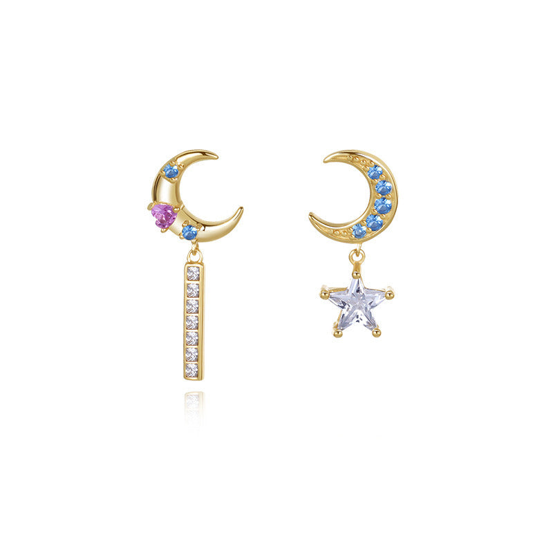 925 Sterling Silver Colored Zircon Star Moon Stud Earrings Women's Niche Asymmetric Retro Earrings