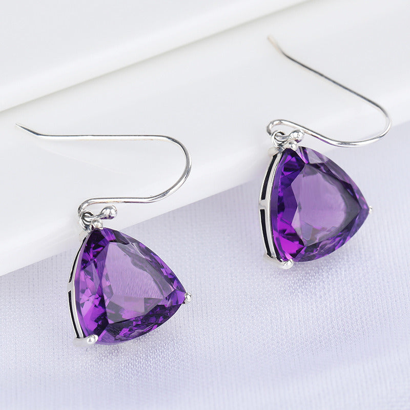 S925 Silver Amethyst Earrings Triangle Crystal Pendant Temperament Earrings