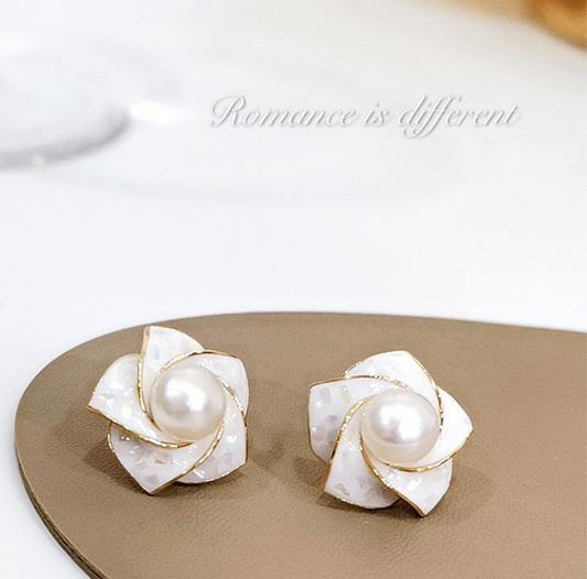 925 Silver Stud Earrings Camellia Drop Oil Crushed Shells Earrings Pearl Flowers