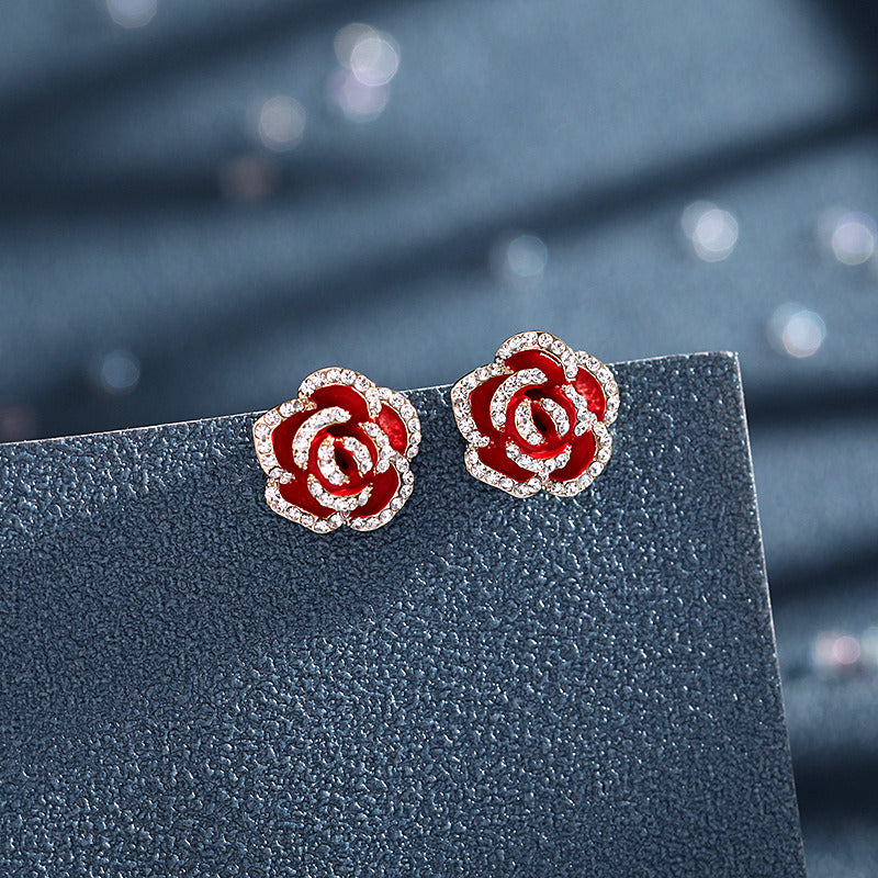 Earrings Red Rose Simple Rhinestone Earrings S925 Silver Stud Camellia Stud Earrings