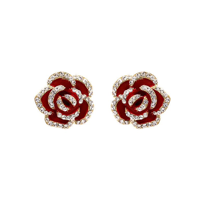 Earrings Red Rose Simple Rhinestone Earrings S925 Silver Stud Camellia Stud Earrings