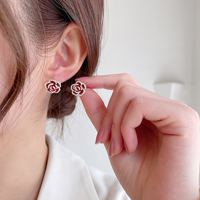 Earrings Red Rose Simple Rhinestone Earrings S925 Silver Stud Camellia Stud Earrings