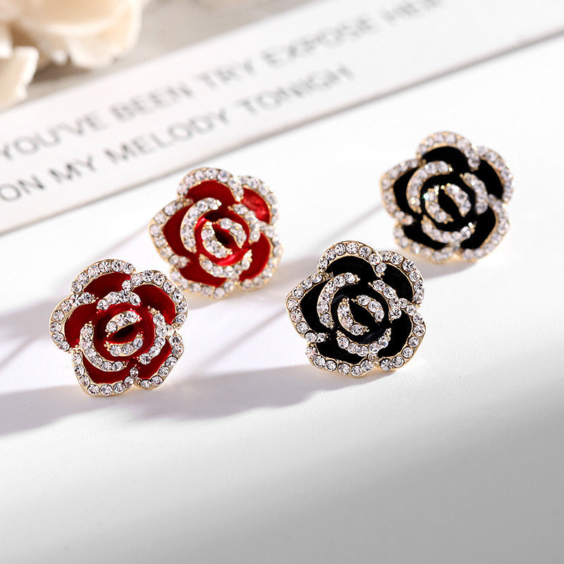 Earrings Red Rose Simple Rhinestone Earrings S925 Silver Stud Camellia Stud Earrings