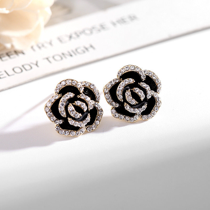 Earrings Red Rose Simple Rhinestone Earrings S925 Silver Stud Camellia Stud Earrings