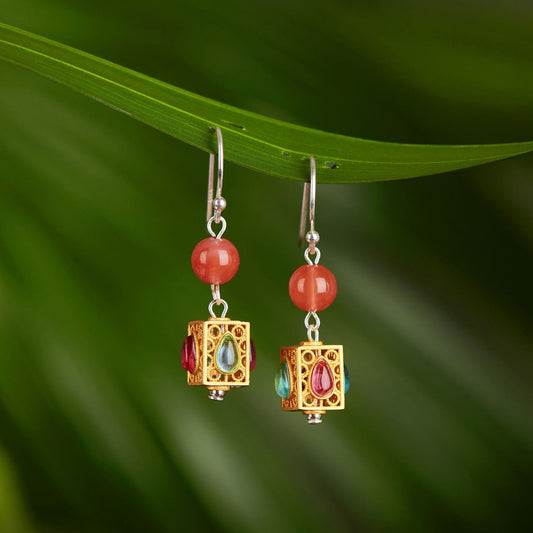 S925 Silver Southern Red Bead Stitching Carved Inlaid Earrings Square Ancient Method Earrings