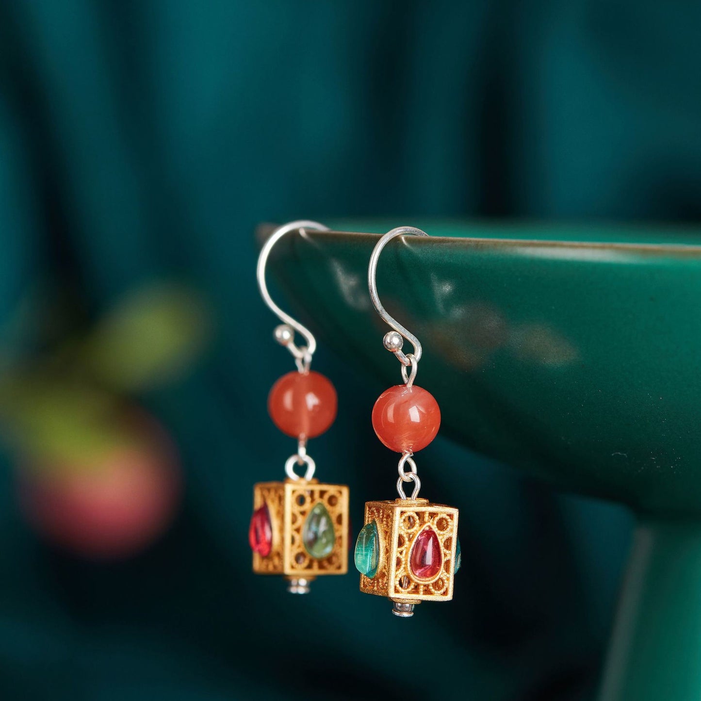 S925 Silver Southern Red Bead Stitching Carved Inlaid Earrings Square Ancient Method Earrings