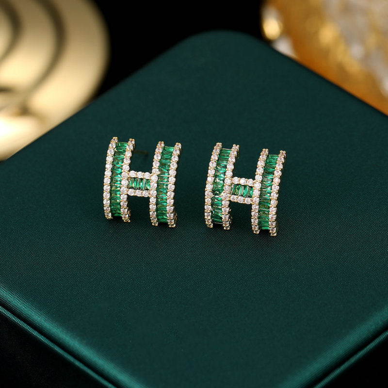 Niche Light Luxury Design Earrings Zircon Inlaid H Letter Earrings