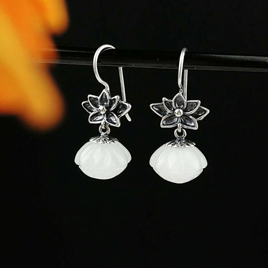 S925 Silver Earrings White Marble Pendant Classical Temperament Earrings