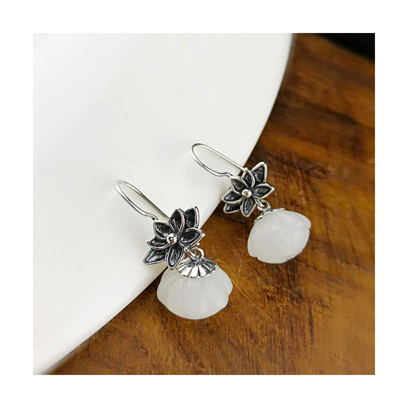 S925 Silver Earrings White Marble Pendant Classical Temperament Earrings