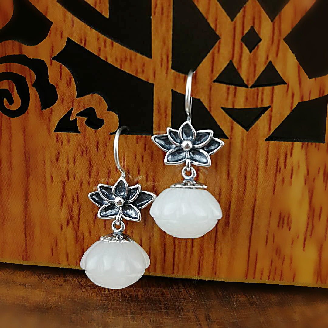 S925 Silver Earrings White Marble Pendant Classical Temperament Earrings