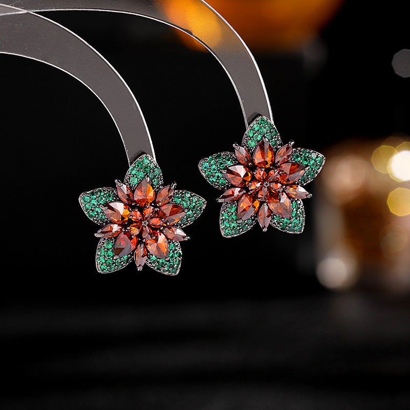 French Retro Ladies Elegant Temperament Flower Earrings High-end Earrings Female S925 Silver Needle Zircon Earrings