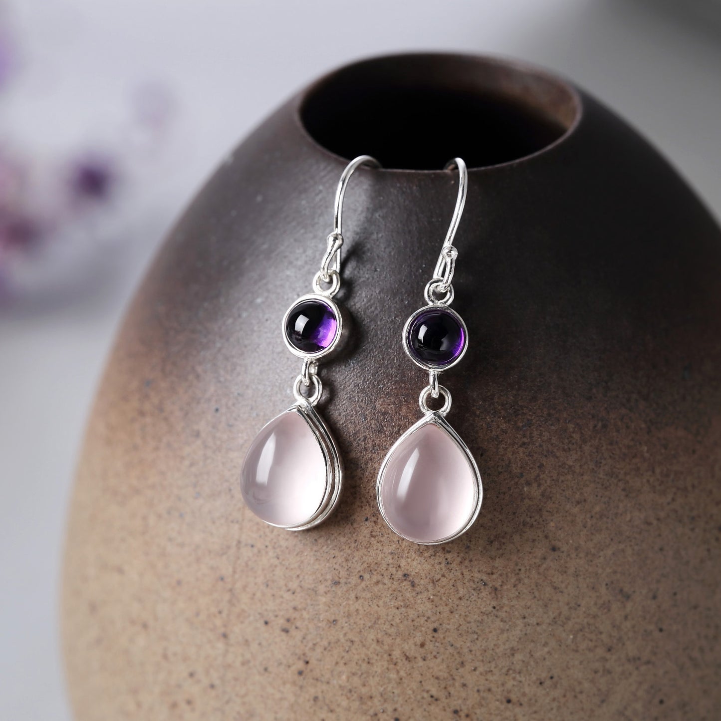 S925 Silver Inlaid Pink Crystal Earrings Water Drop Hibiscus Stone Thai Silver Crystal Earrings Female