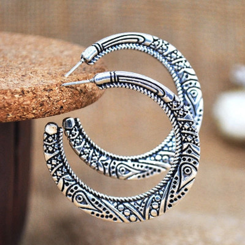 Stud Hoop Earrings Lightweight Vintage Engraved Round Dome Half Large for Women 925 Sterling Silver