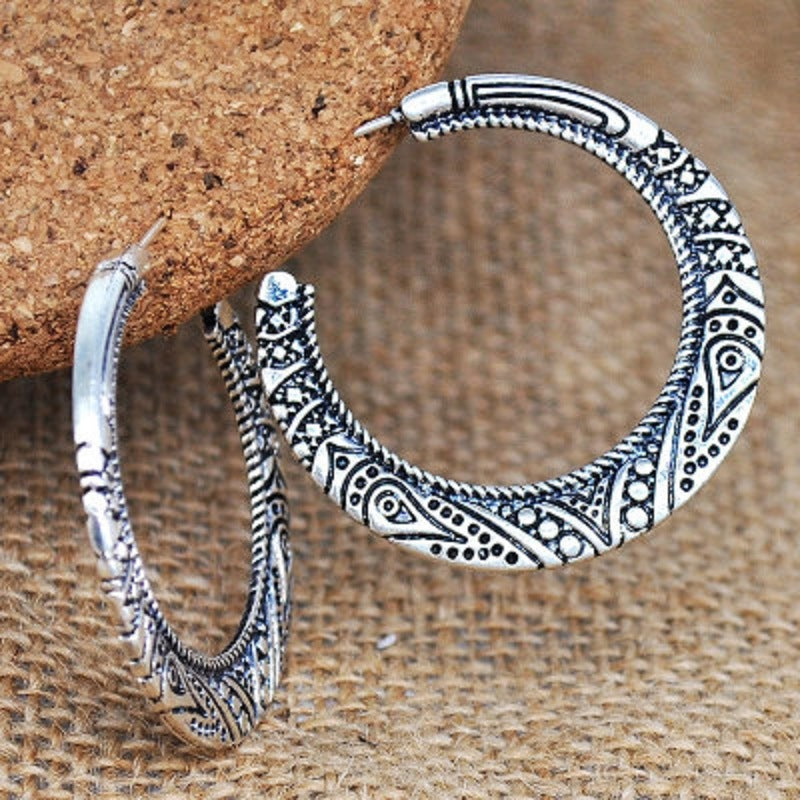 Stud Hoop Earrings Lightweight Vintage Engraved Round Dome Half Large for Women 925 Sterling Silver