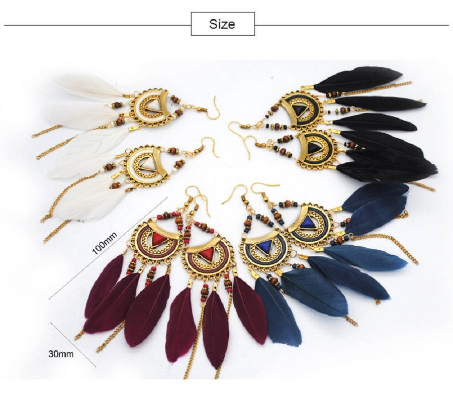 Vintage Bohemian Feather Tassel Dangle Earrings Hollow Out Drop Earrings for Women