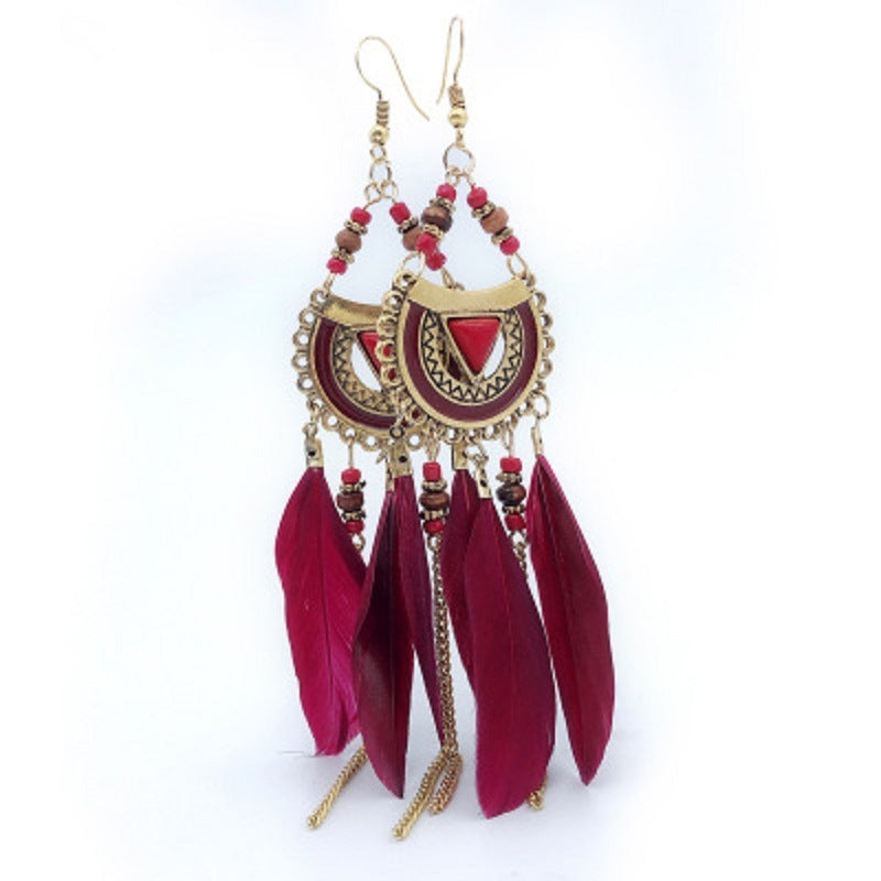 Vintage Bohemian Feather Tassel Dangle Earrings Hollow Out Drop Earrings for Women