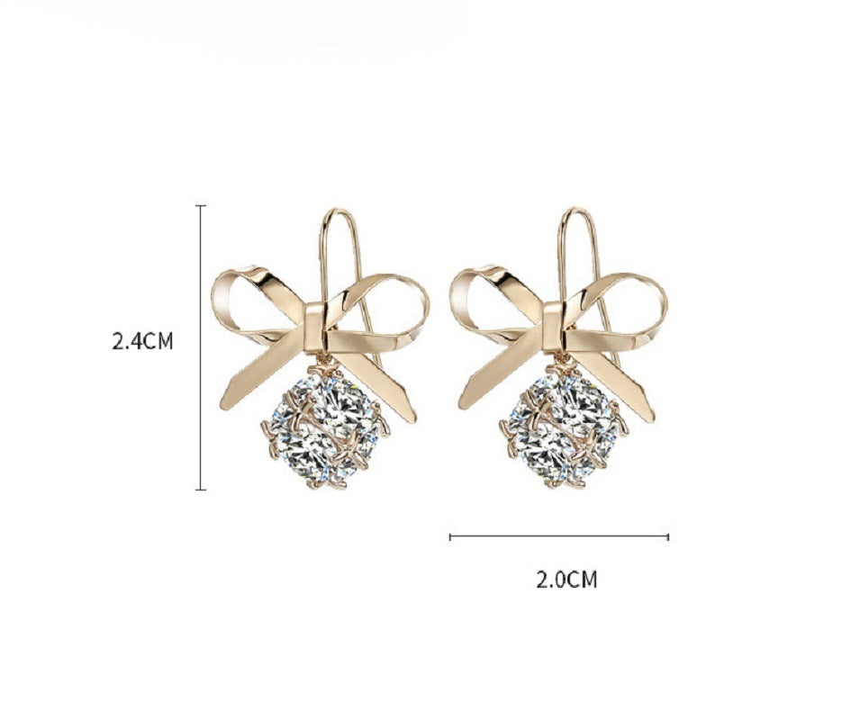 Womens Bow with Zircon Square Flash Diamond Ball Hook Earrings Fashion Earrings