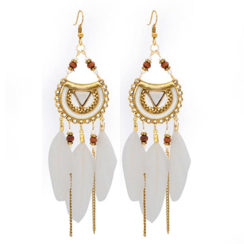 Vintage Bohemian Feather Tassel Dangle Earrings Hollow Out Drop Earrings for Women