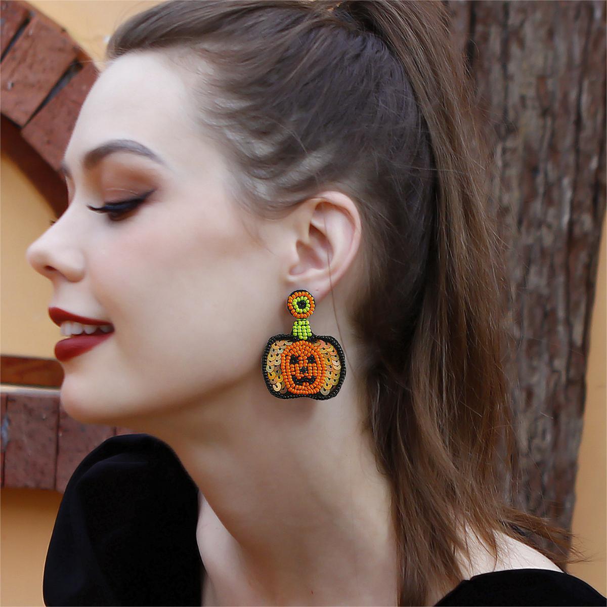 Personalized Handmade Halloween Exaggerated Earrings Sequins Rice Beads Ghost Head Pumpkin Earrings