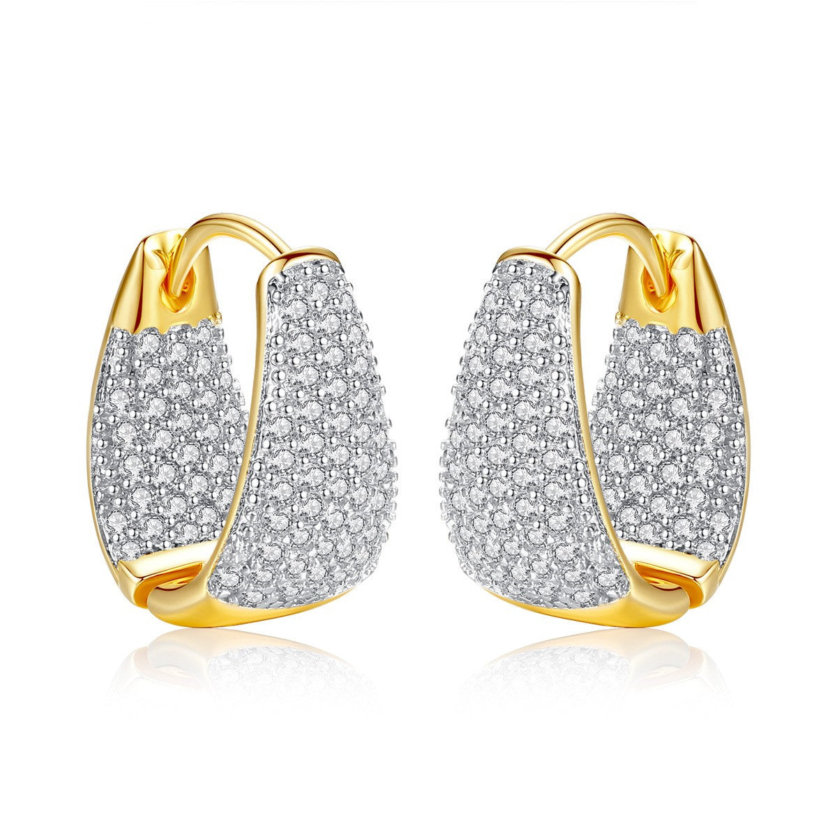 Women's Diamond Curved Earrings, Bling Elegant Luxurious Round Diamond Earrings, Statement Sparkling Earrings