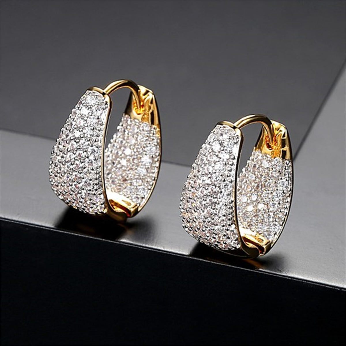 Women's Diamond Curved Earrings, Bling Elegant Luxurious Round Diamond Earrings, Statement Sparkling Earrings