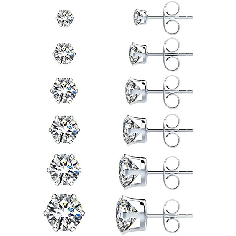 6 Pairs Stud Earrings Set Stainless Steel Stud Earrings Hypoallergenic Zirconia Earrings