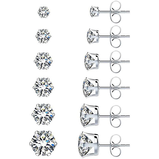 6 Pairs Stud Earrings Set Stainless Steel Stud Earrings Hypoallergenic Zirconia Earrings