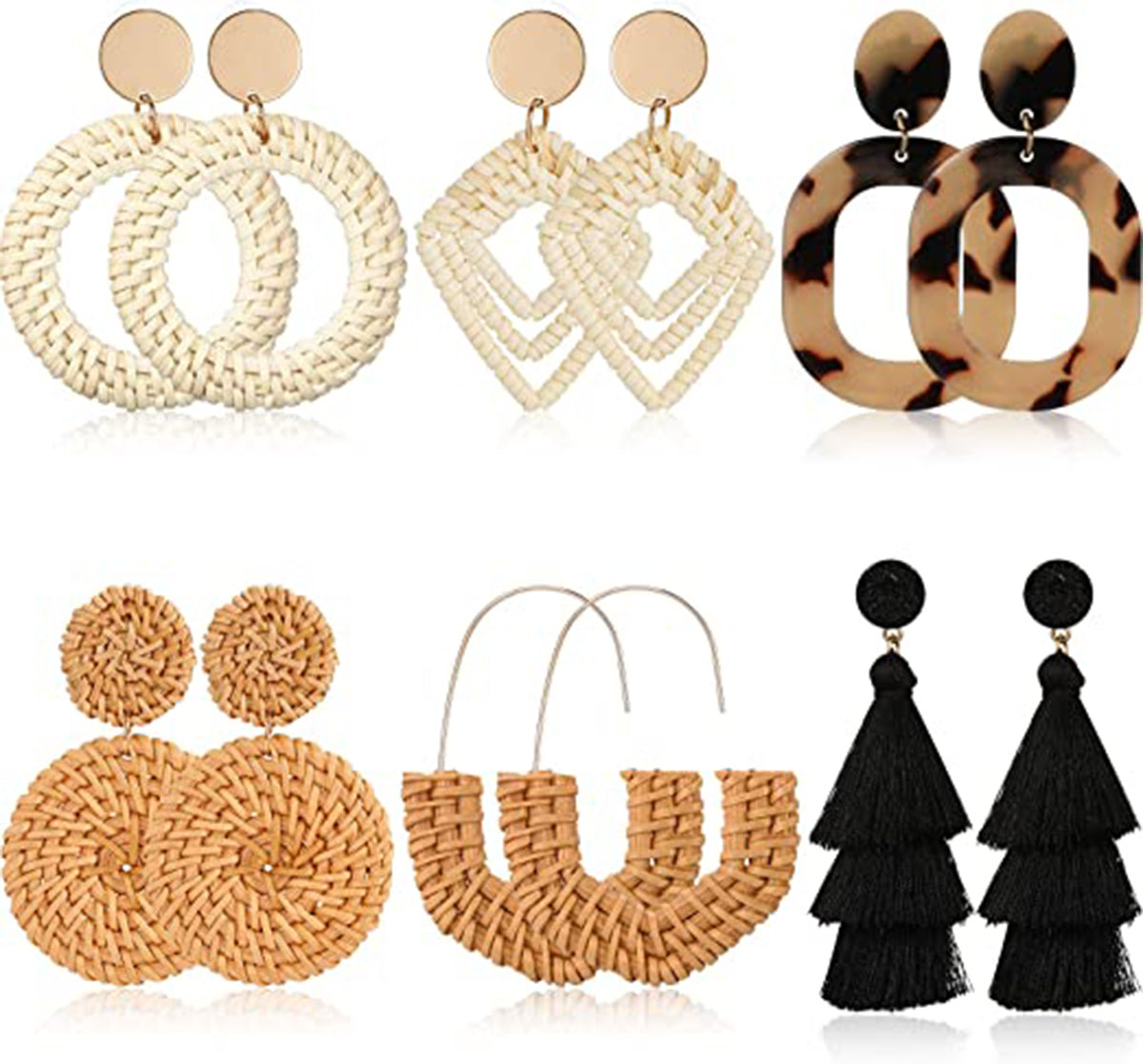 6 Pair Rattan Straw Earrings, Boho Earrings Handmade Wicker Drop Earrings Women