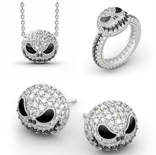 3 piece Skull Stud Halloween Earrings Necklace Ring Set