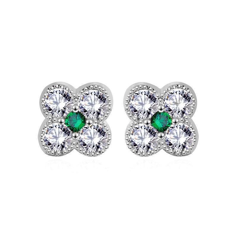 Cute Mini CZ Four Leaf Clover Lucky 925 Sterling Silver Stud Earrings