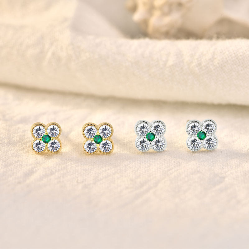 Cute Mini CZ Four Leaf Clover Lucky 925 Sterling Silver Stud Earrings