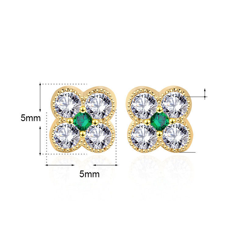 Cute Mini CZ Four Leaf Clover Lucky 925 Sterling Silver Stud Earrings