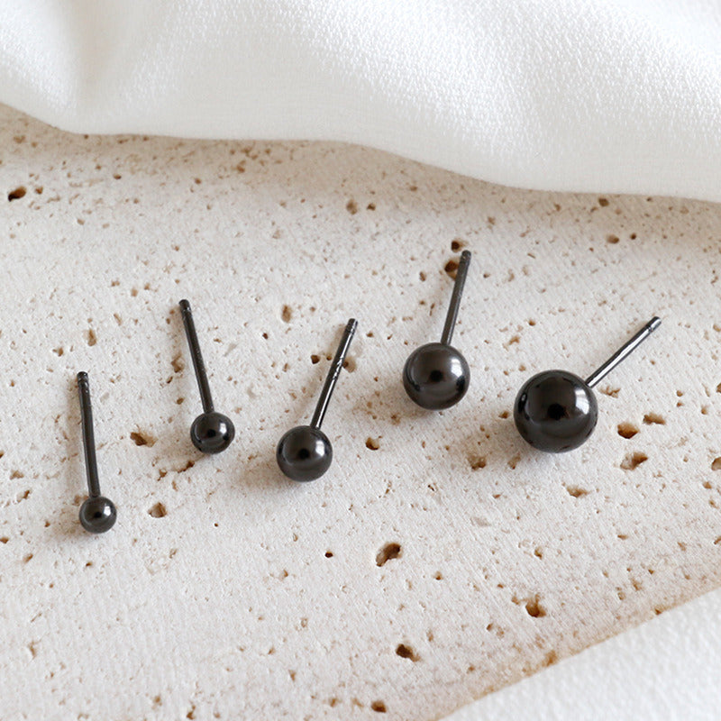 Simple Black Round Bean 925 Sterling Silver Stud Earrings