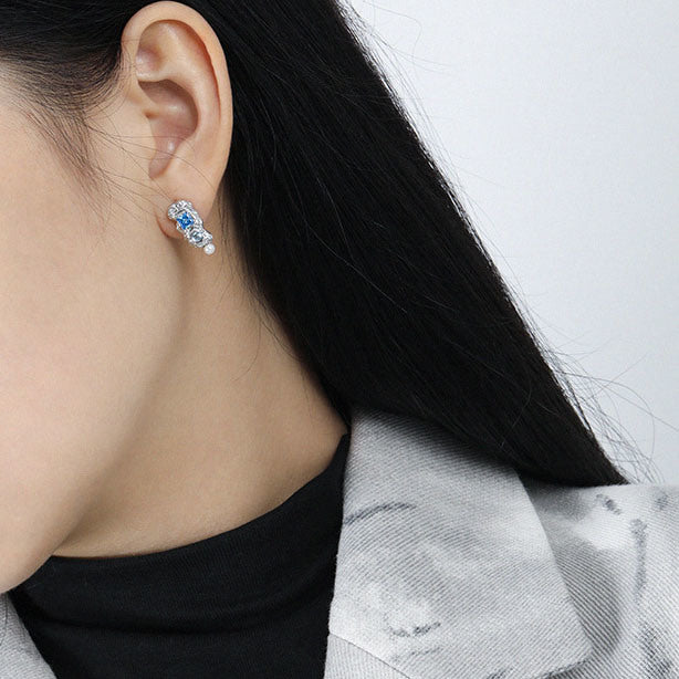 Asymmetry Blue CZ Irregular 925 Sterling Silver Stud Earrings