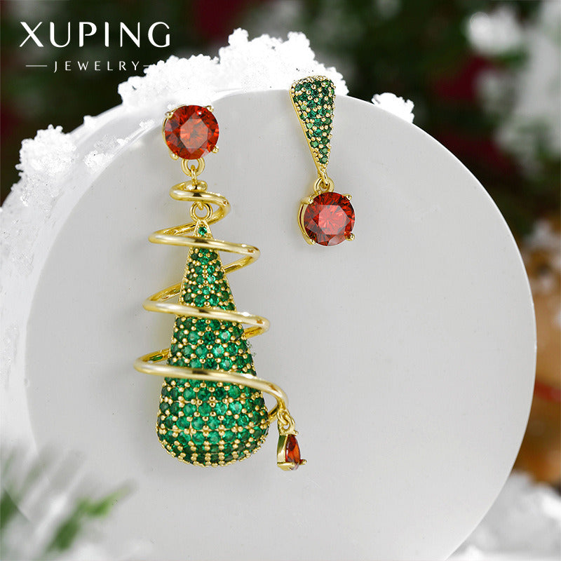 Micro-set full zirconia asymmetrical Christmas tree drop earrings Airy ins style