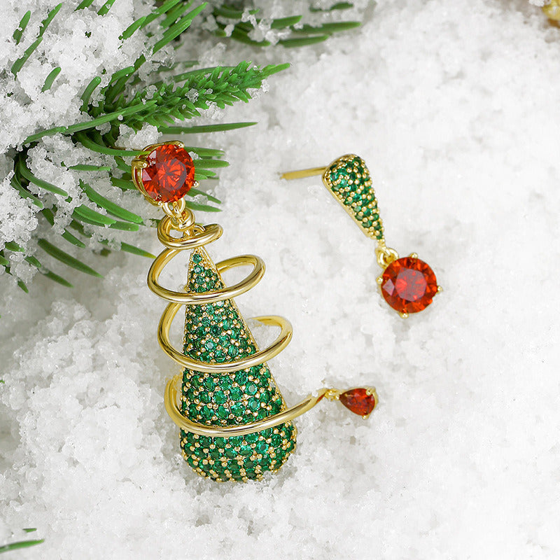 Micro-set full zirconia asymmetrical Christmas tree drop earrings Airy ins style