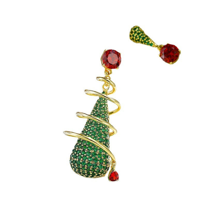 Micro-set full zirconia asymmetrical Christmas tree drop earrings Airy ins style