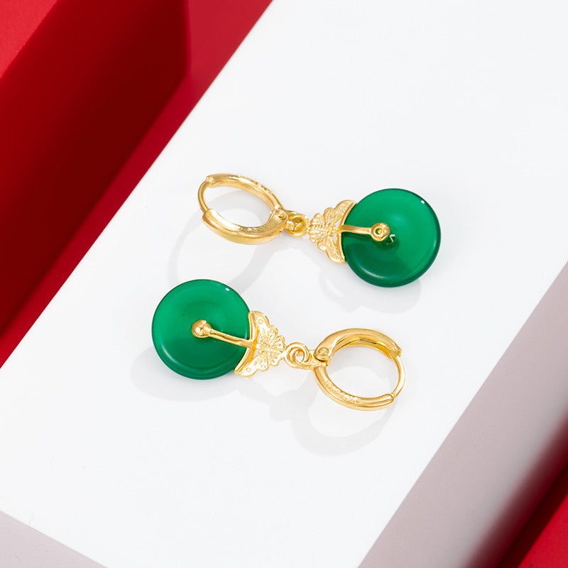 Gold and jade emerald peace button earrings Chinese style earrings