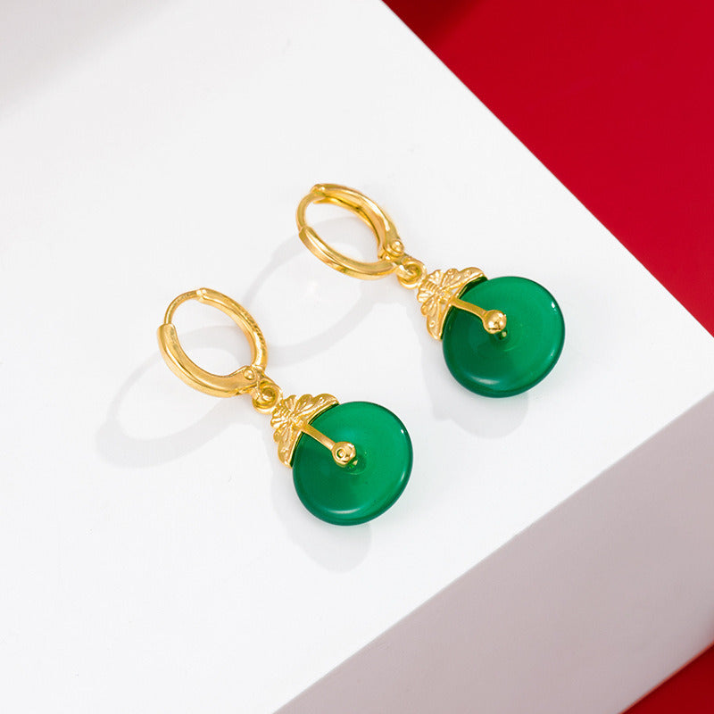 Gold and jade emerald peace button earrings Chinese style earrings