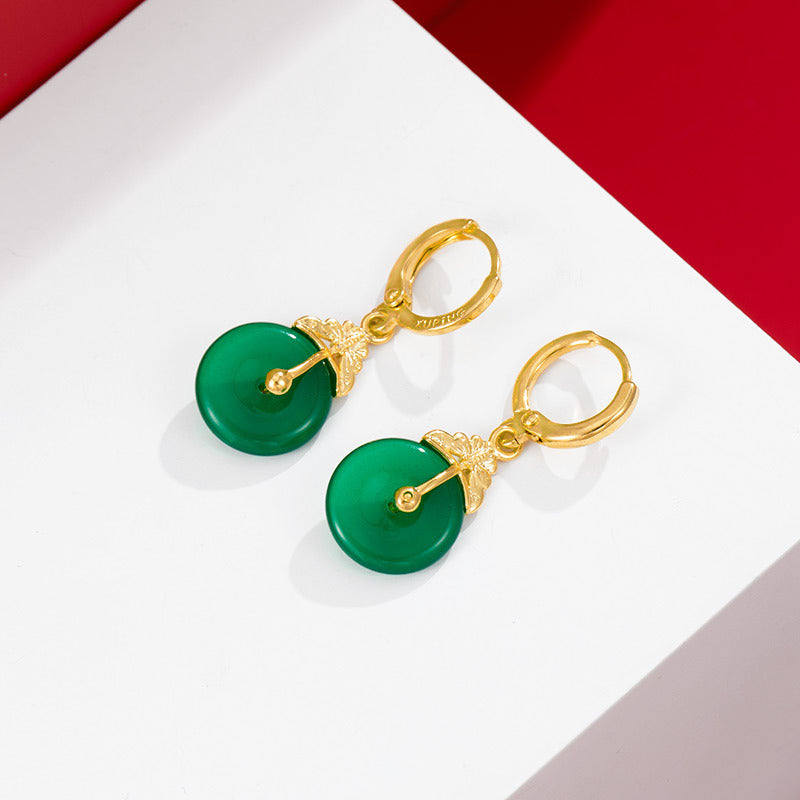 Gold and jade emerald peace button earrings Chinese style earrings