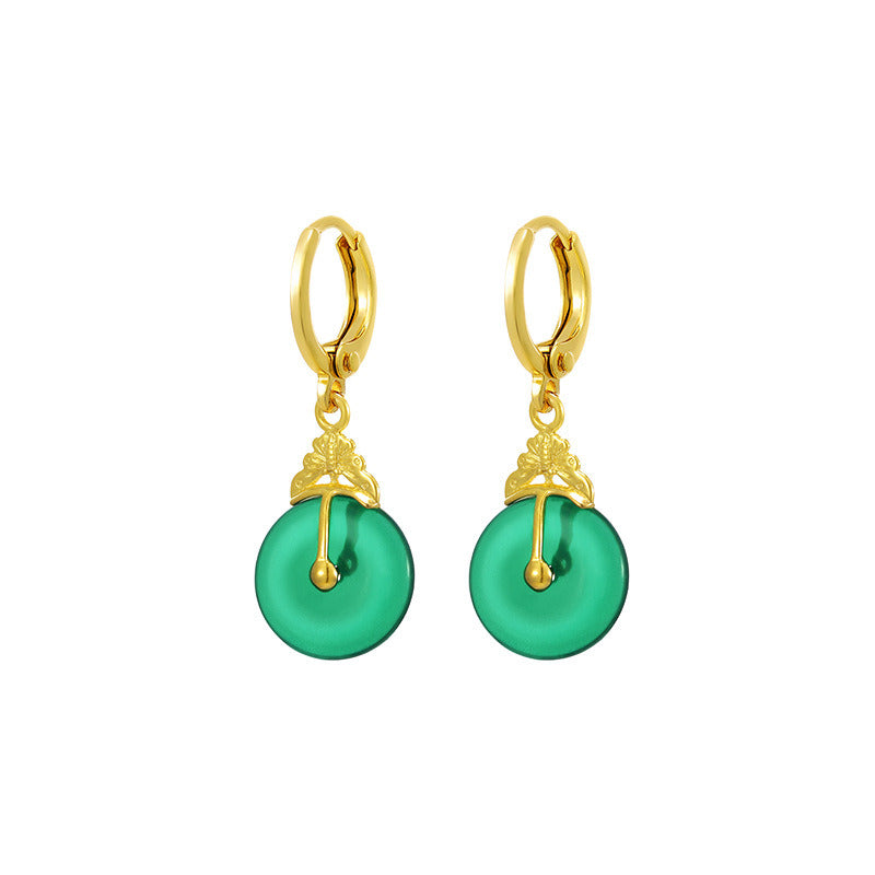 Gold and jade emerald peace button earrings Chinese style earrings