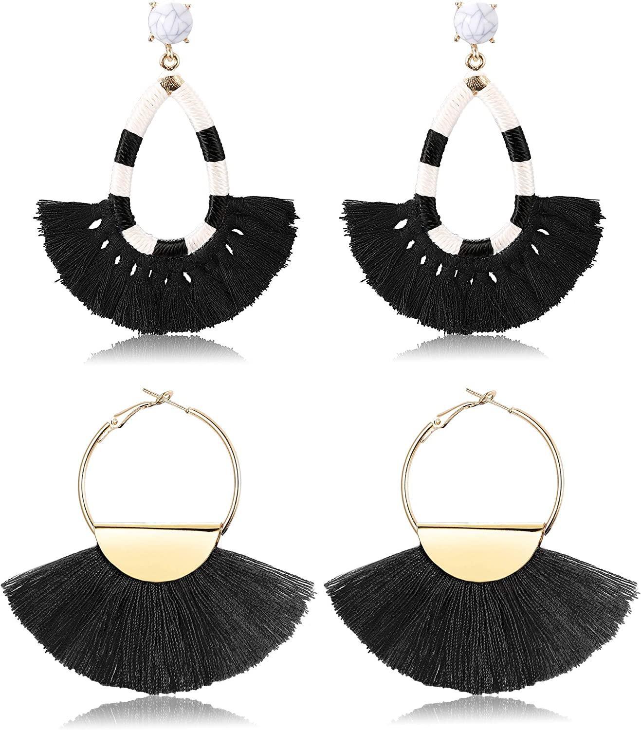 2 Pairs Women's Beaded Tassel Earrings Long Fringe Drop Bohemian Dangle Earrings