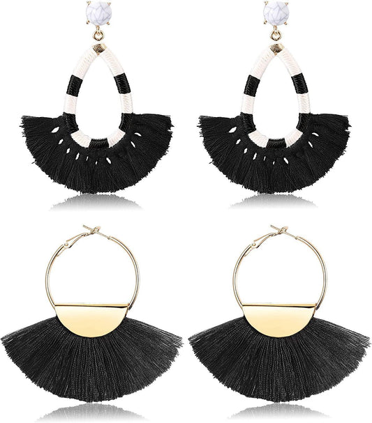 2 Pairs Women's Beaded Tassel Earrings Long Fringe Drop Bohemian Dangle Earrings