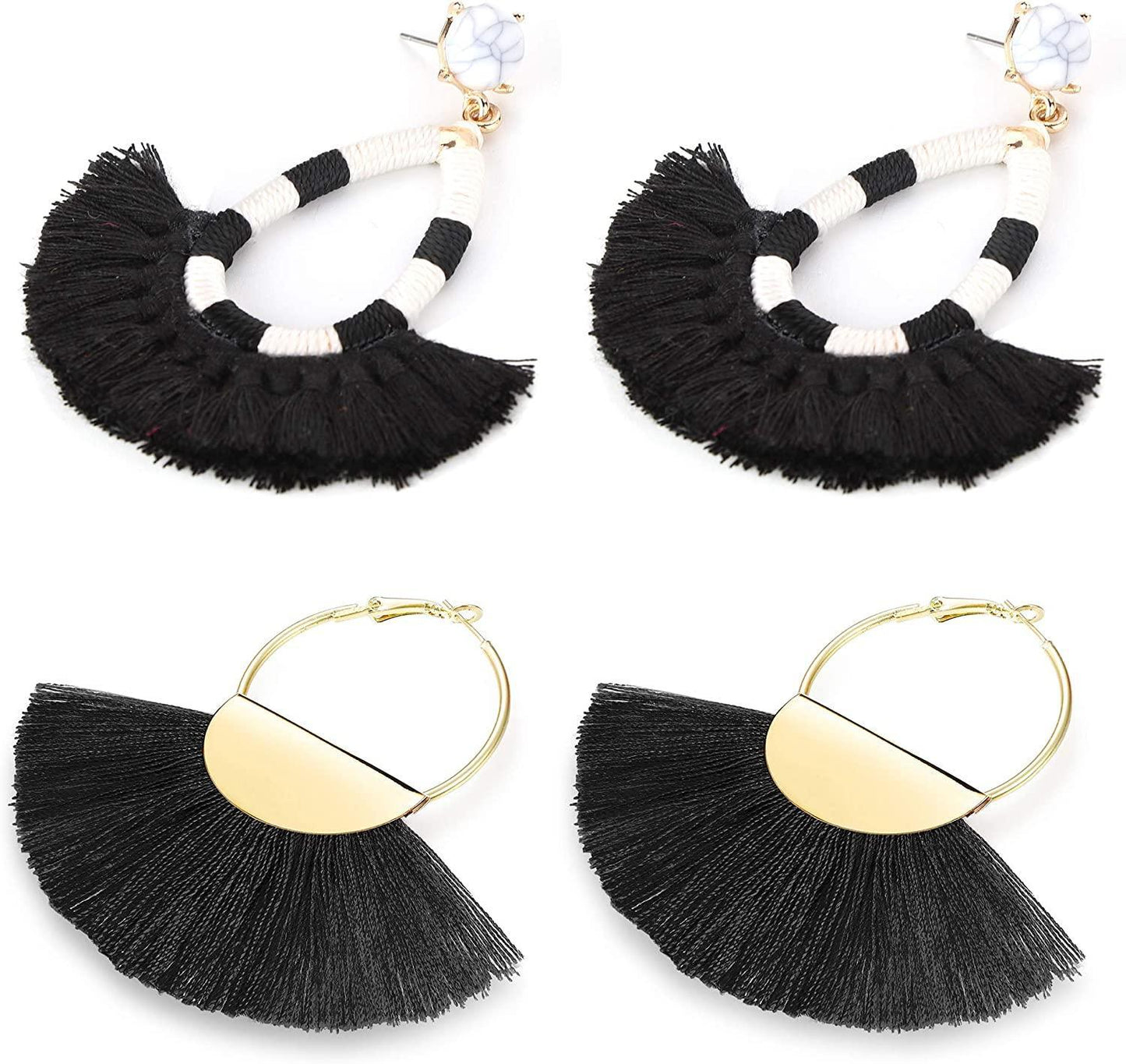 2 Pairs Women's Beaded Tassel Earrings Long Fringe Drop Bohemian Dangle Earrings