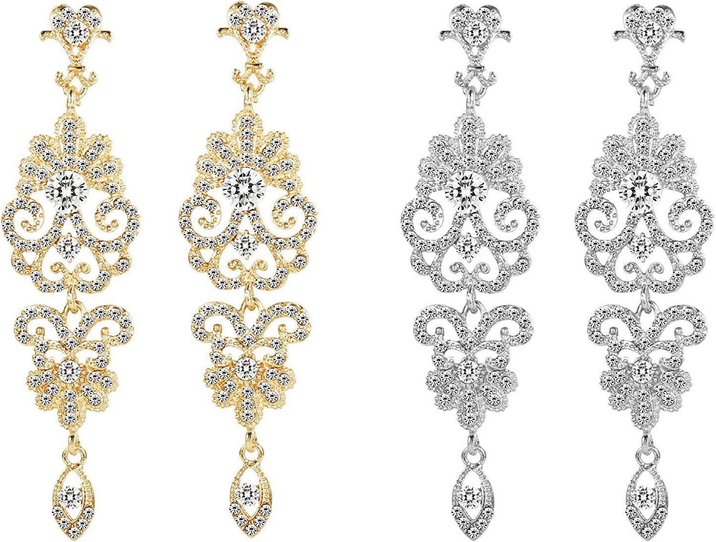 2 Pairs Rhinestone Chandelier Dangle Earrings for Women Statement Crystal Rhinestone Cluster Wedding Bridal Dangle Earrings Silver-tone Gold-tone